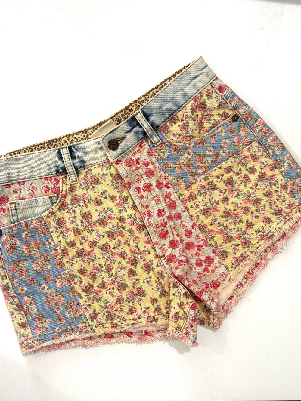 Farm Rio Floral Patchwork Denim Women’s Shorts - Yellow/Pink/Blue - Picture 2 of 11
